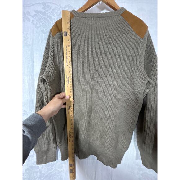 J Crew Sweater Lrg Tan Cotton Ribbed Faux Suede Shoulder Patch Woodsman Comando - Picture 10 of 10